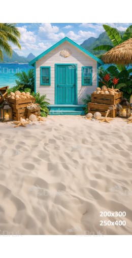 Tło fotograficzne „Tropikalna chatka na plaży z turkusowymi drzwiami i muszlami” | 4038